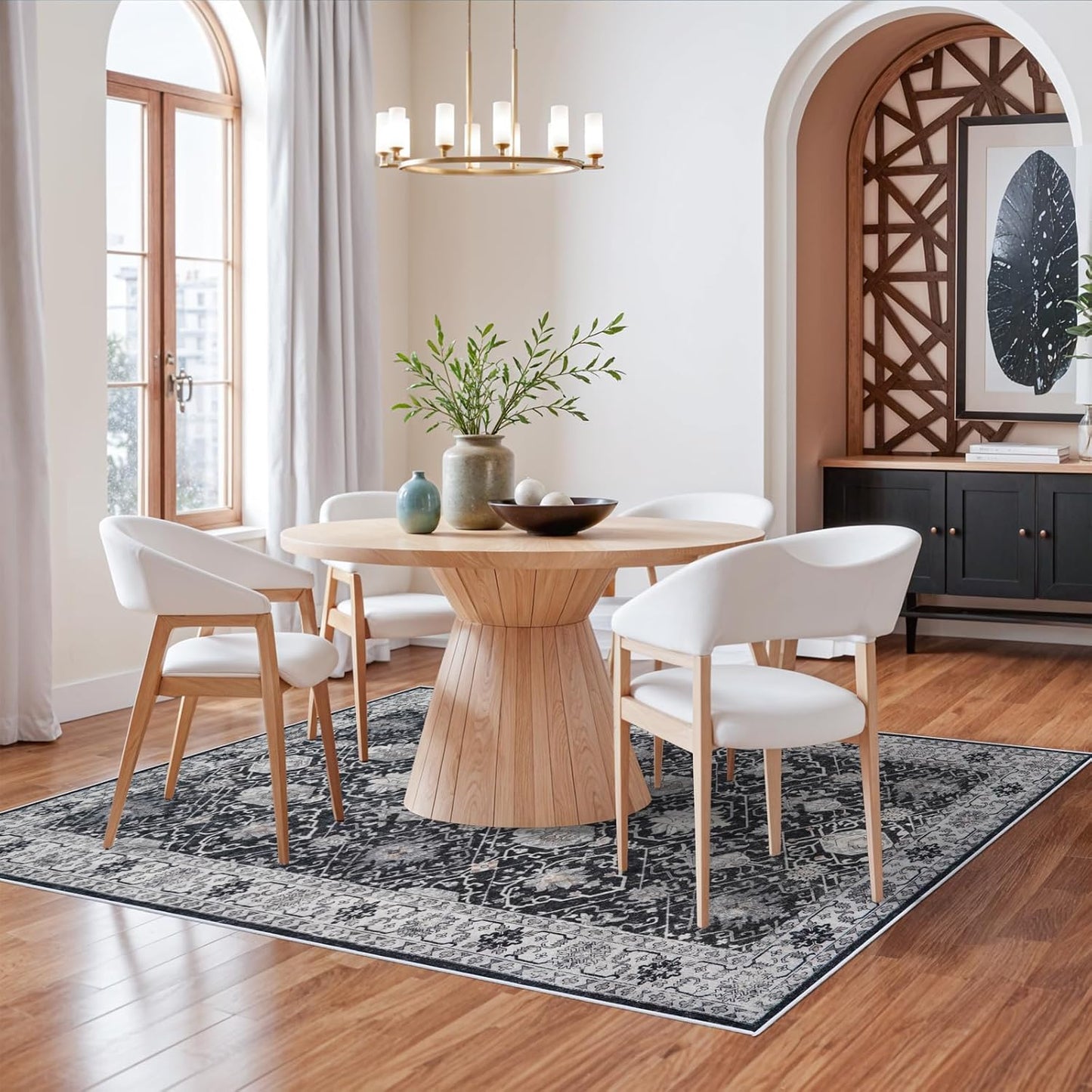 Skiennix 5x7 Living Room Area Rug - Washable, Non-Slip, Stain Resistant Vintage Soft Carpet in Black