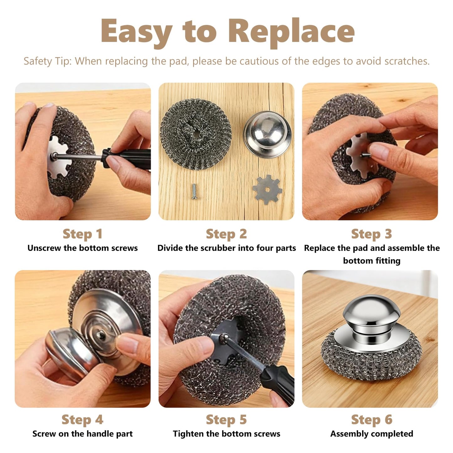 Steel Wool Scrubber, 4-Pack Stainless Steel Scrubber Pads with Handle - The Ultimate Scouring Solution for Rust, Stubborn Messes on Cookware, Grill, Oven & Kitchen Sinks