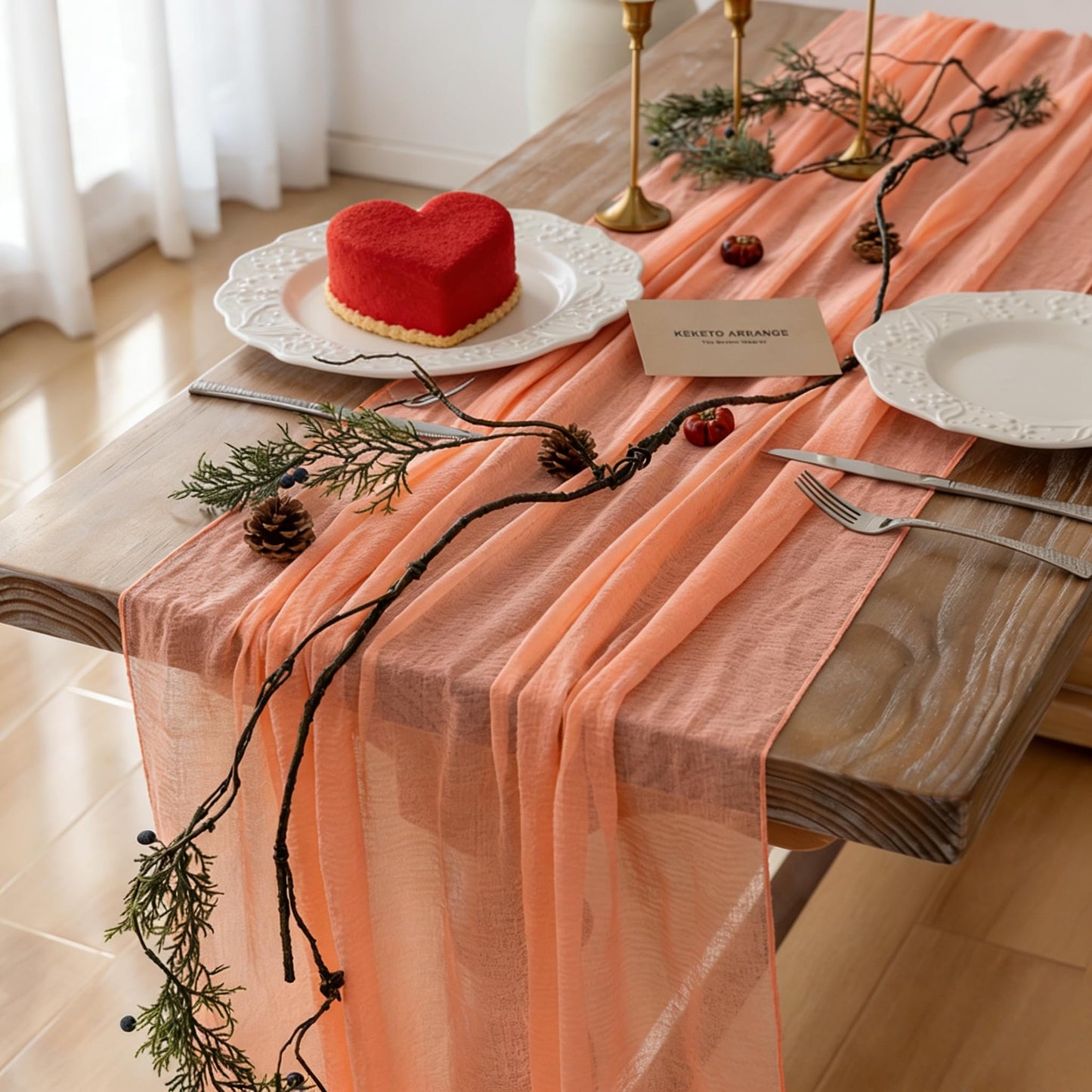 Keketoarrange 6pcs Fresh Salmon Cheesecloth Table Runner Valentines Decor Peach Echo Gauze 120 Inch 10 FT Boho Table Runner for Wedding Baby Shower Bridal Shower Party Sheer Spring Home Decorations