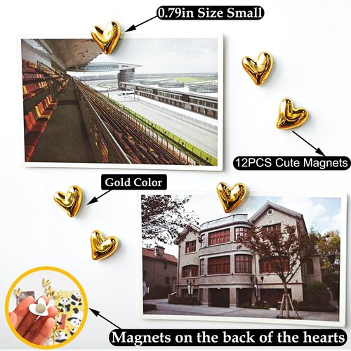 Janvelle 12PCS Refrigerator Magnets Gold Magnets for Fridge 0.83in Small Love Heart Cute Decorative Magnet Set for Home Kitchen Office Whiteboard Decor