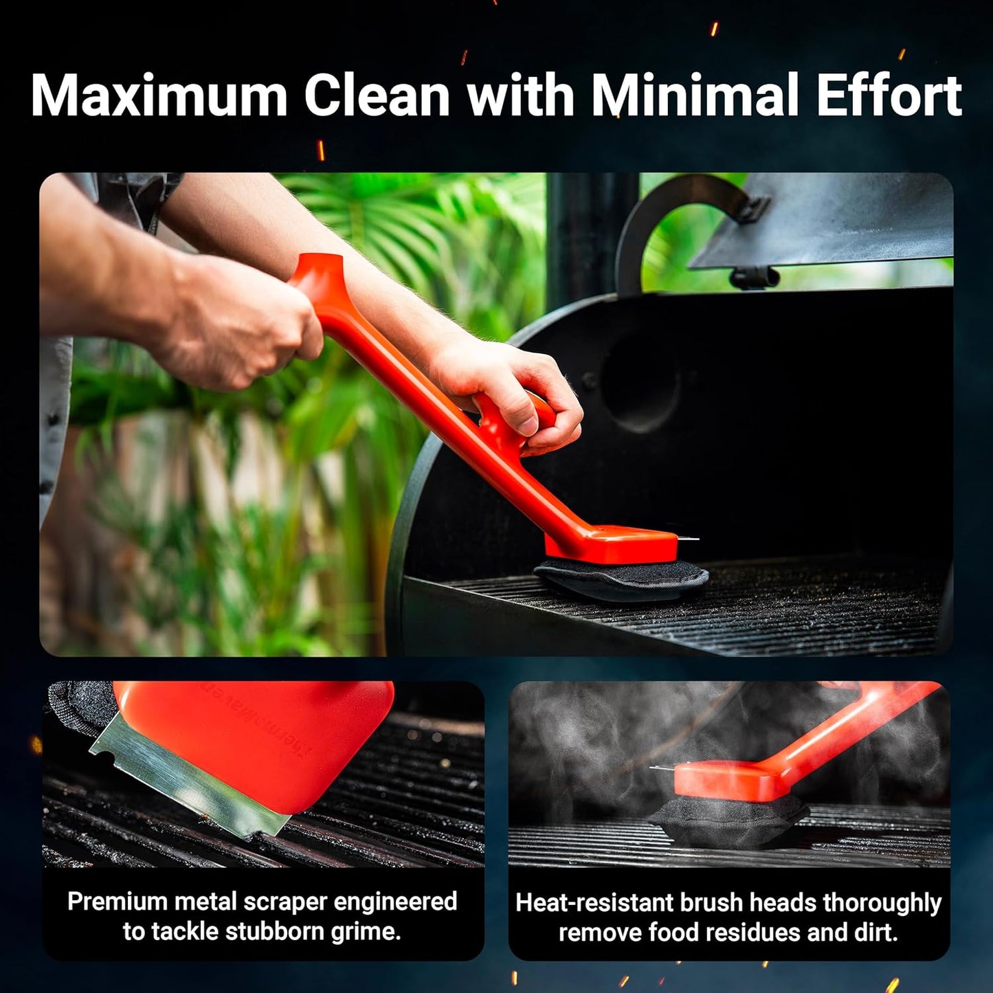 Thermomaven Grill Brush - Bristle-Free Design with 3 Replacement Heads | Safe for Cast Iron & Non-Stick Surfaces