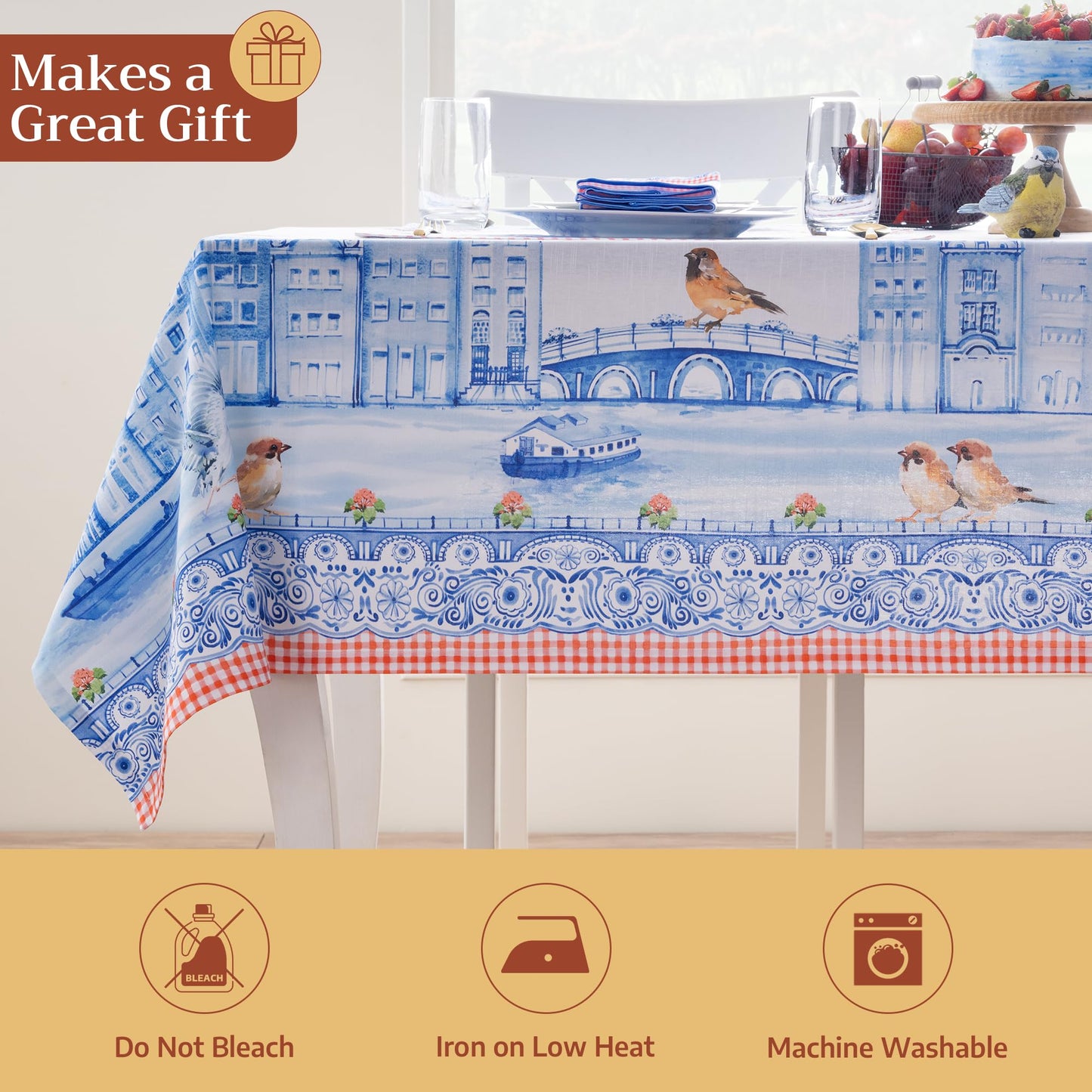 Maison d' Hermine Table Cloth Square Table 100% Cotton 54 x 54 Inches Tablecloth Reusable Decorative for Dining Kitchen Room Farmhouse Home Gifts for Mothers Day Spring Summer - Amsterdam Canals