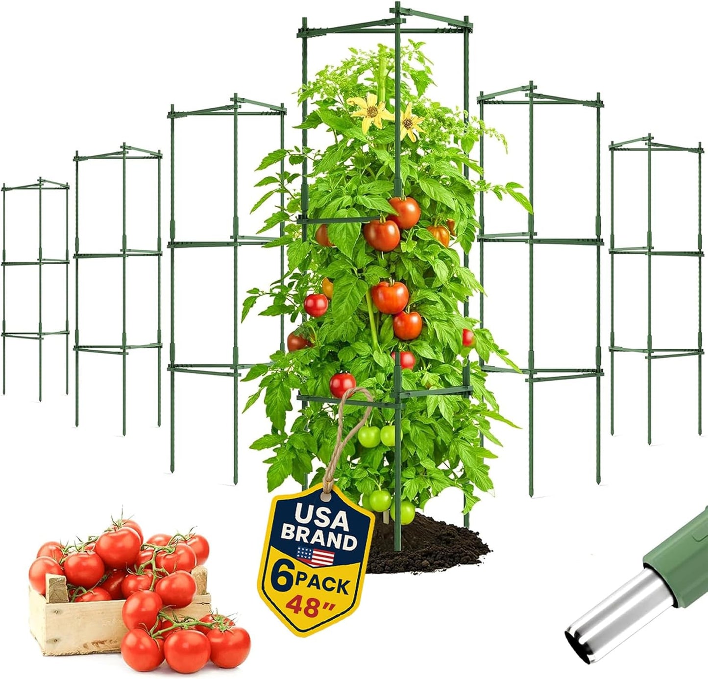 Tomato Cage - Durable Plant Support Structures for Vegetables | Tall 48-Inch Trellis Stakes (6 Pack)