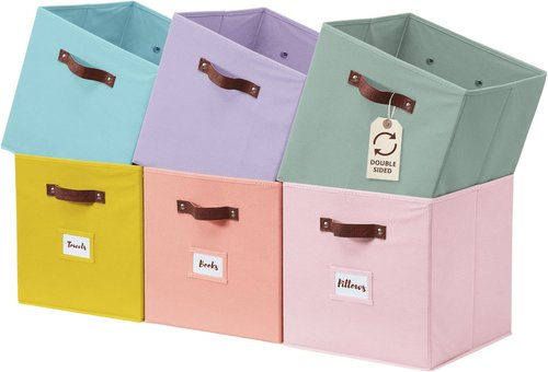 DECOMOMO Storage Cubes - 13x13x13 Fabric Organizer Bins with Labels | Set of 6 in Rainbow Colors