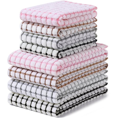 Homaxy Kitchen Towels and Dishcloths Set, 16 x 25 and 12 x 12 Inches, Set of 8 Cotton Terry Kitchen Dish Towels, Super Soft and Absorbent Dish Cloths, Black/Grey/Pink/Brown