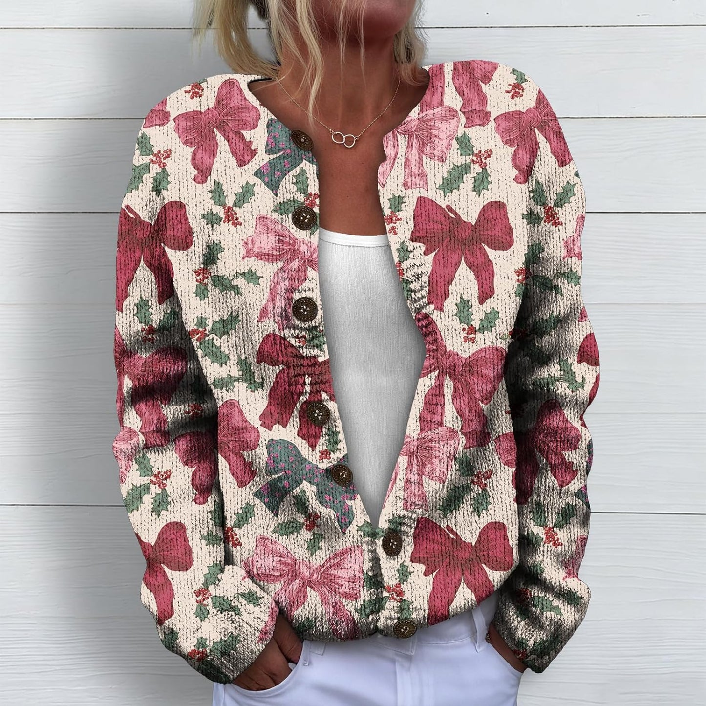 Skiennix Christmas Cardigan Sweater - Snowflake & Christmas Tree Print - Lightweight Red 2XL