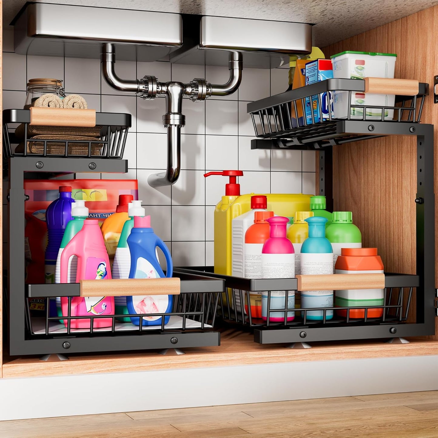 Under Sink Organizer | 2-Pack Adjustable Metal Shelves for Kitchen & Bathroom Storage - Black