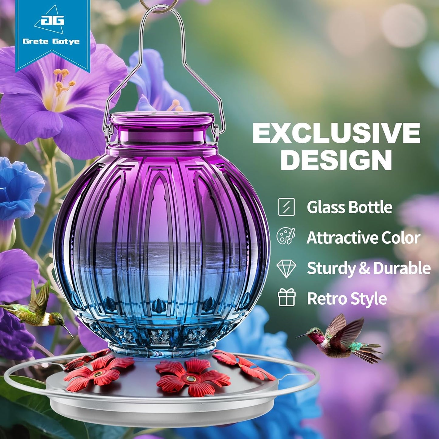 Skiennix Glass Hummingbird Feeder - 26Oz Outdoor Nectar Feeder with Perch & 5 Feeding Ports | Purple Blue