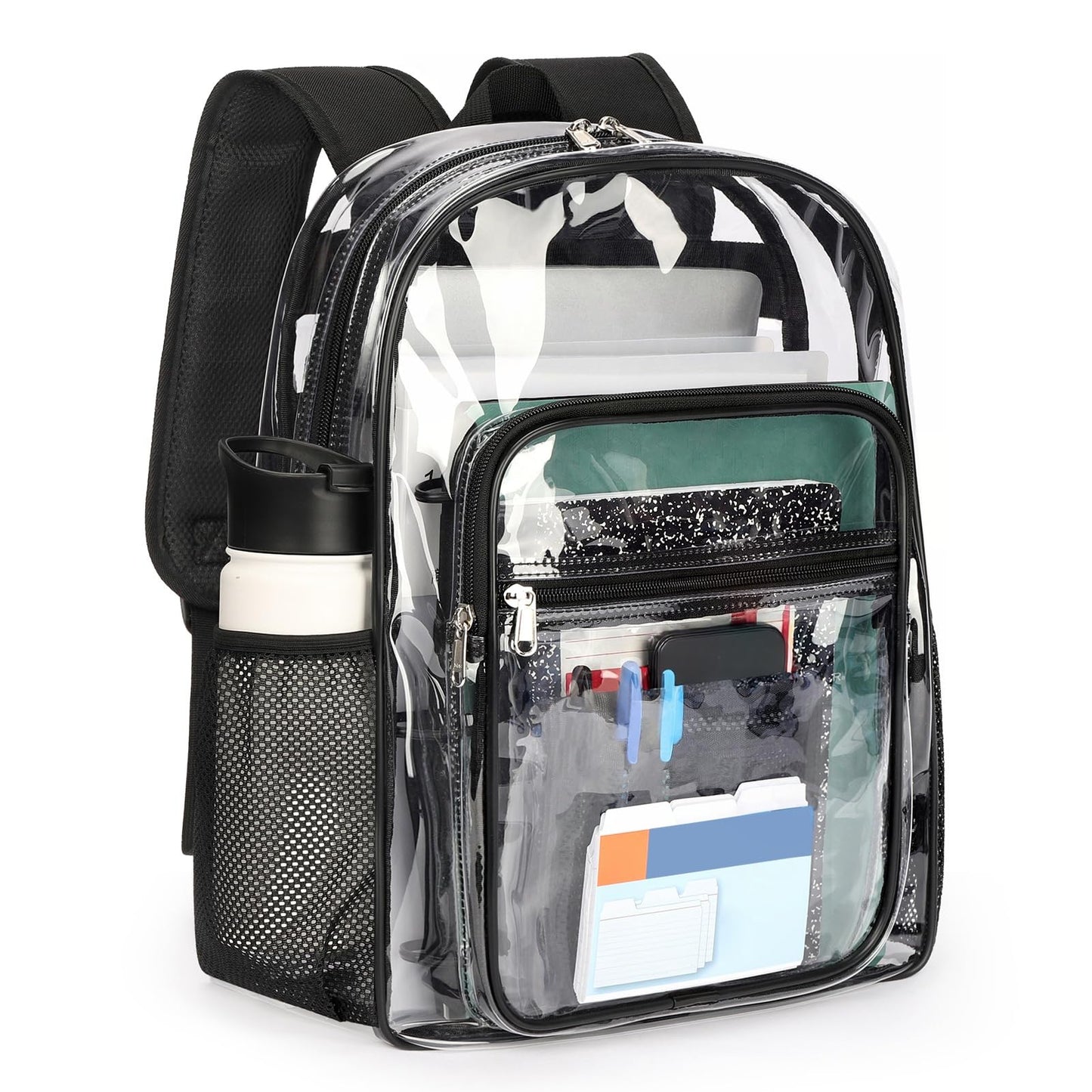 ZORFIN Clear Backpack Heavy Duty for School – 17in Transparent PVC Bag with Large Capacity & Reinforced Straps for Men, Women, Boys & Girls - See Through Bookbag for College Workplace Security, Black