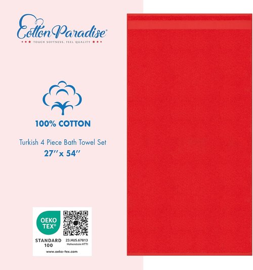 Cotton Paradise 4-Piece Turkish Bath Towels Set - 100% Cotton Extra Large Plush Red Towels