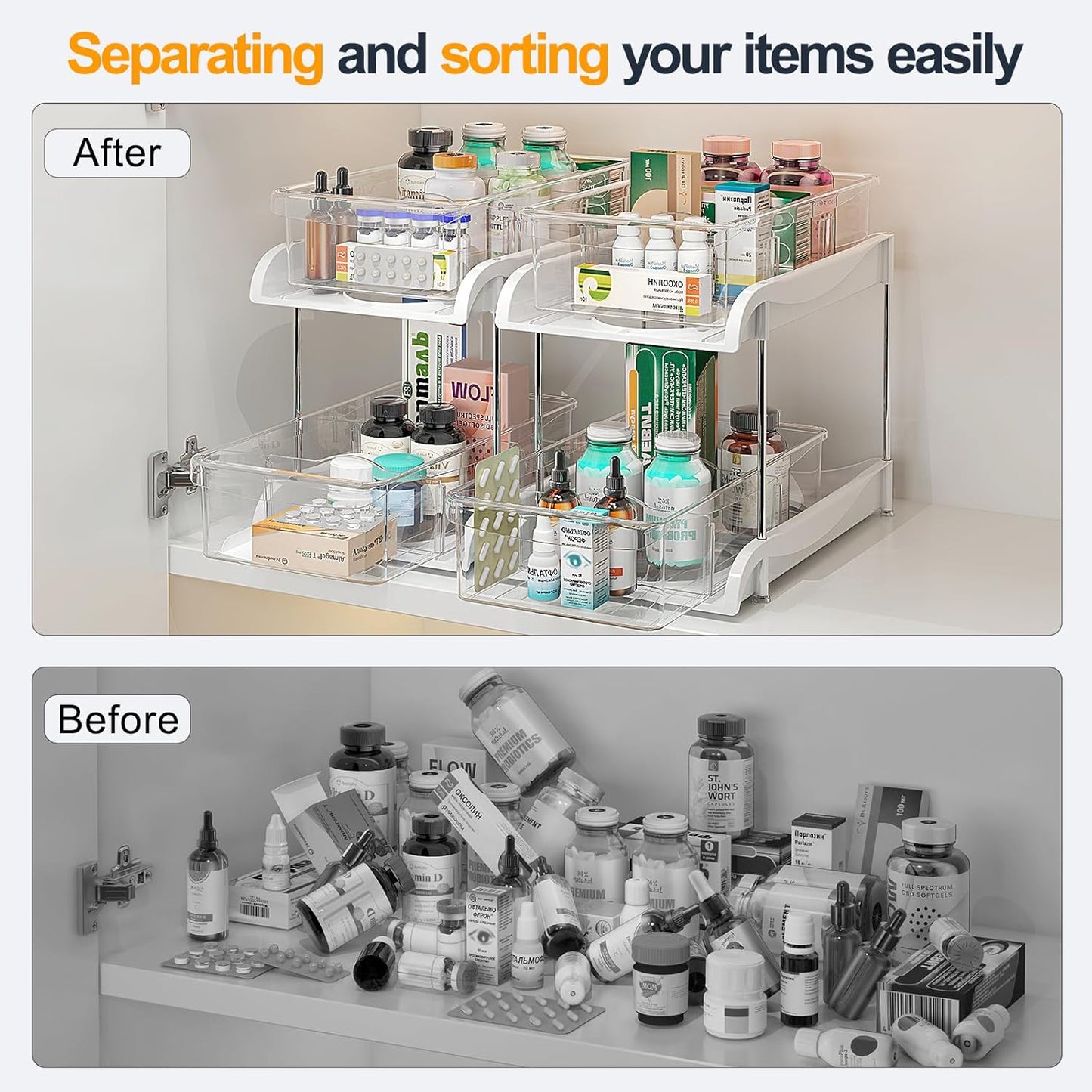 Sevenblue Under Sink Organizer - 2-Tier Kitchen & Bathroom Storage with Sliding Drawer & Hooks | Clear
