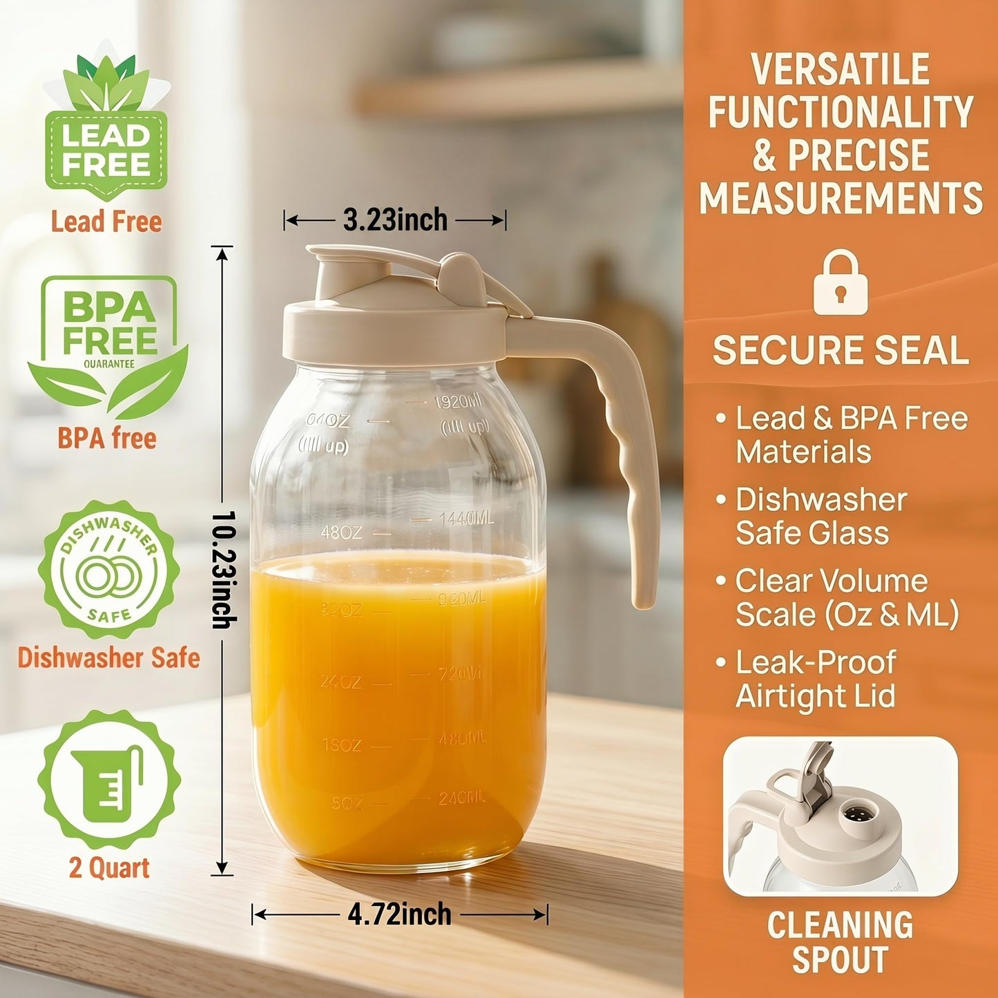 YORY 2 Quart Glass Pitcher with Filter Lid Airtight Cold Water Jug for Lemonade Tea Juice Milk Iced Coffee Fruit Drinks Airtight,64 oz