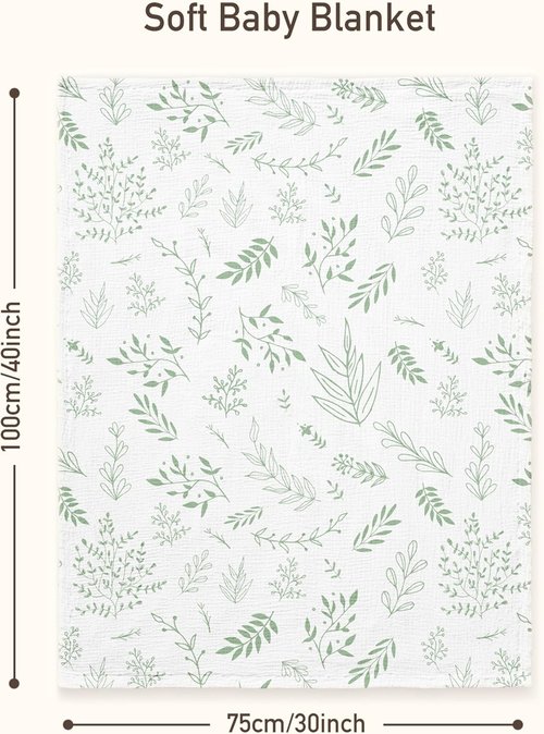 GLLQUEN Baby Blanket - Soft Muslin Cotton Front with Dotted Fleece Backing | Unisex Greenery Design, 30 x 40 Inches