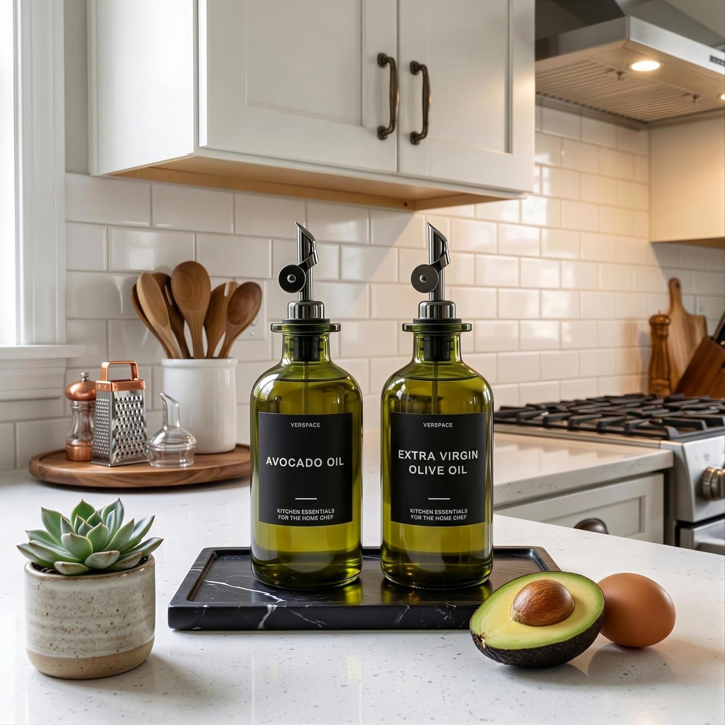 Verspace Olive Oil Dispenser Bottles - UV-Protected Green Glass - 12oz, 2 Pack with 40 Labels for Modern Kitchen Decor