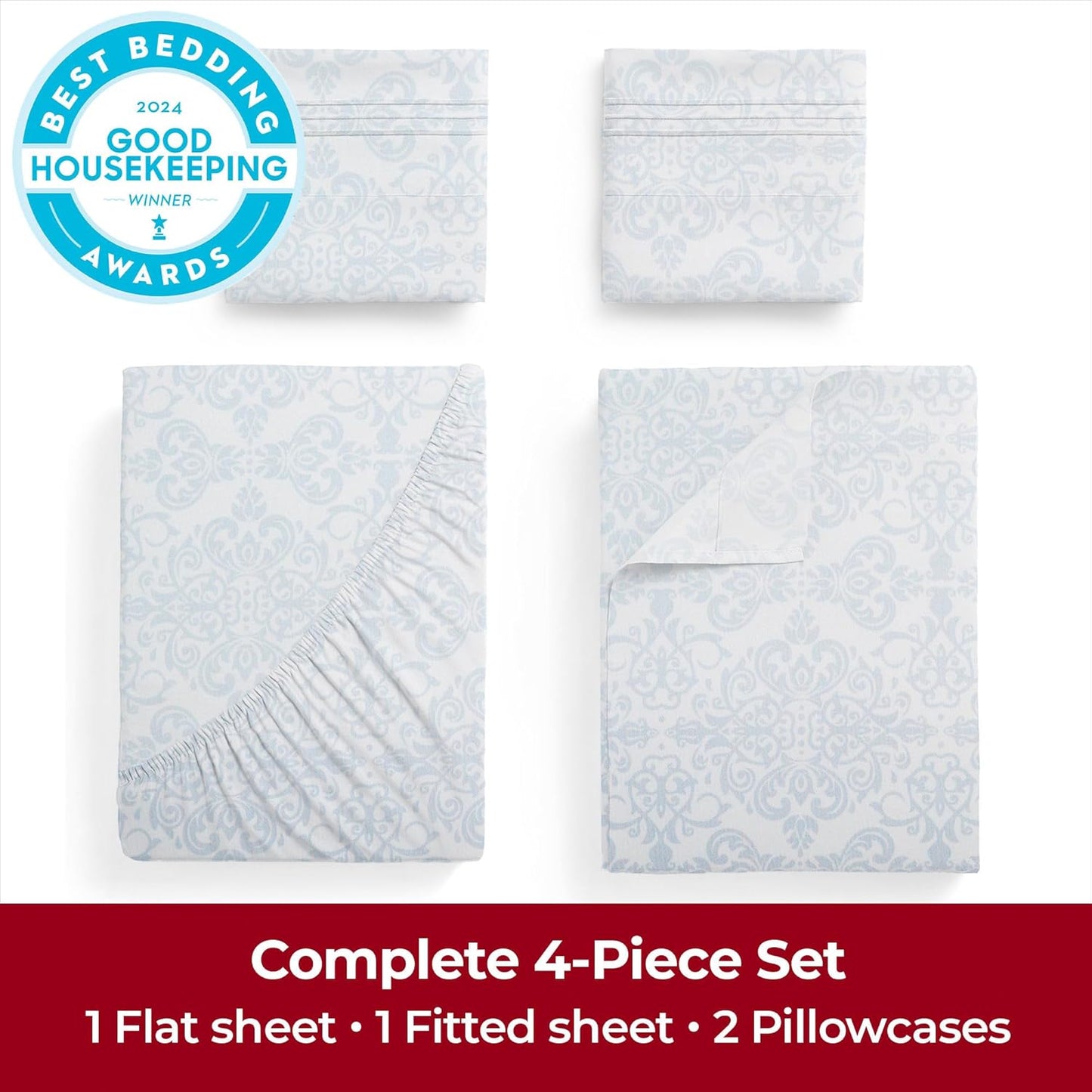Mellanni California King Sheets Set - 4 PC Hotel Luxury Bedding | Extra Soft, Cooling, Wrinkle-Resistant (Laced Sky Blue)