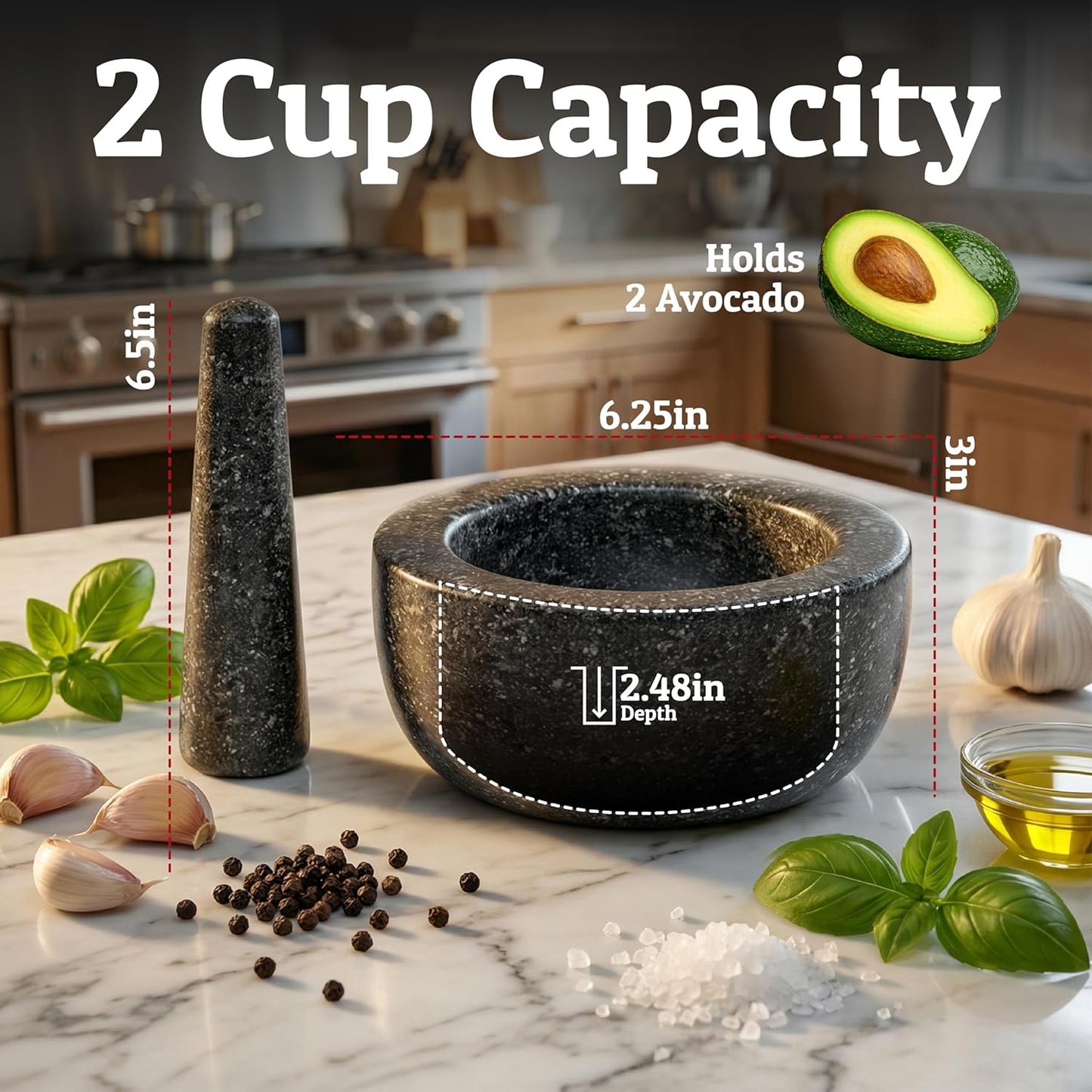 Priority Chef Heavy Duty Granite Mortar and Pestle Set - 2 Cup Capacity, Non-Slip Base, 6.3 Inch Black