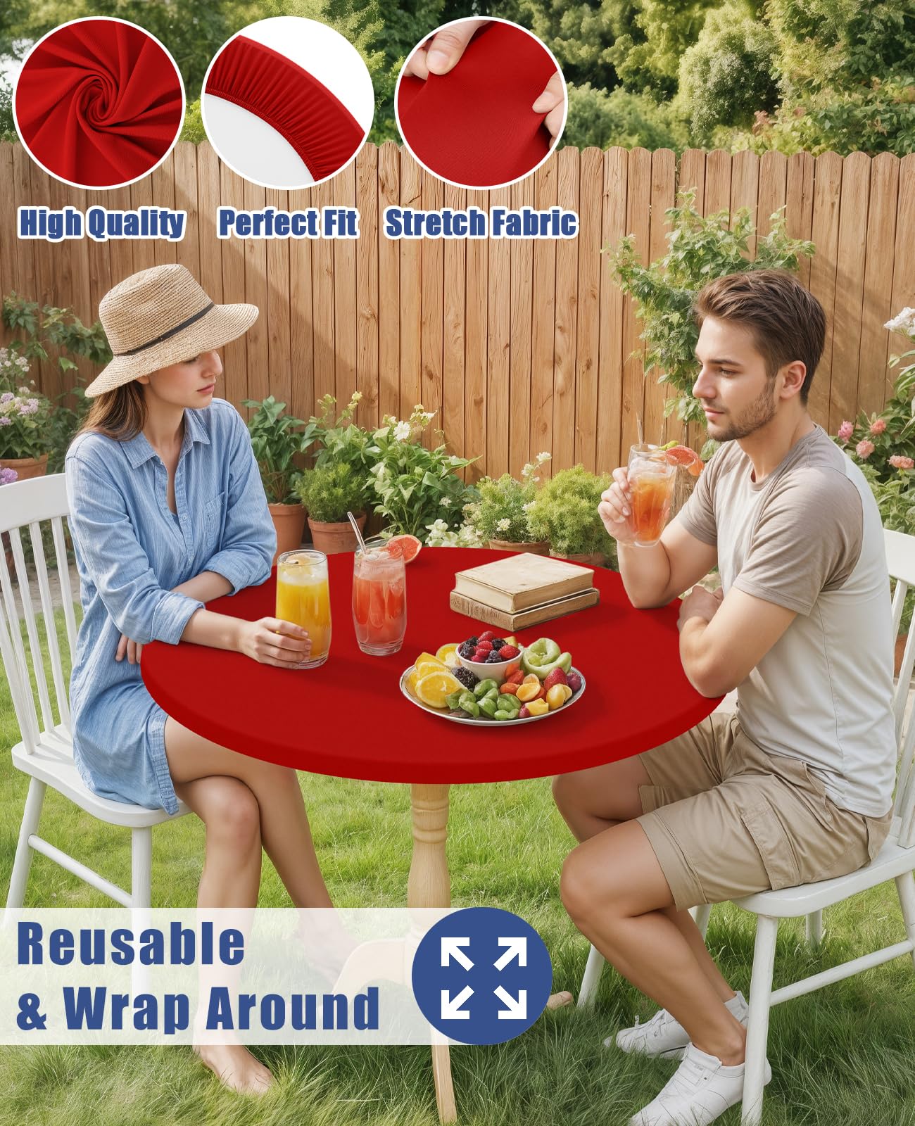 Moosfor Round Spandex Tablecloth, Elastic Fitted Waterproof Tablecloths for 25"-30" Tables, Stretch Washable Picnic Table Cover for Camping, Dining, Indoor and Outdoor, Red