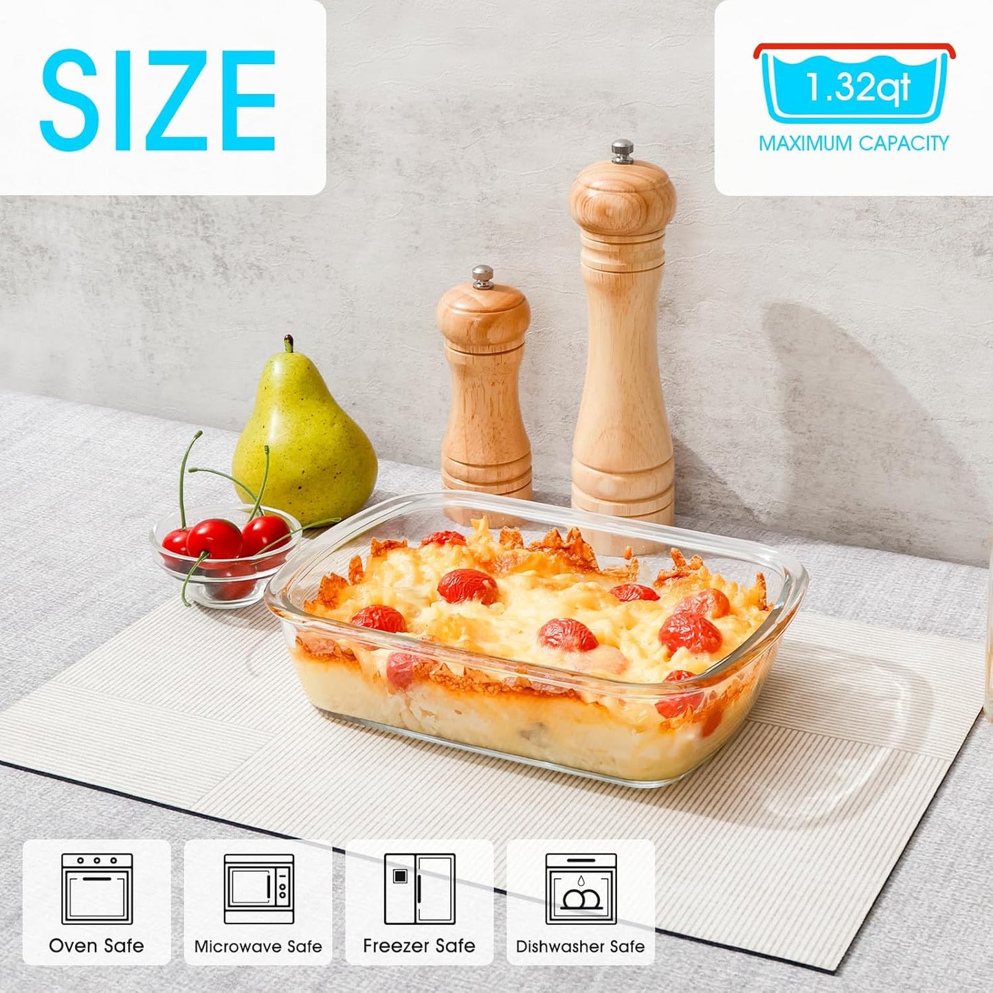 NUTRIUPS Tempered Glass Baking Dish with Lid - One Serving Food Bakeware, 1.25L Clear Pan