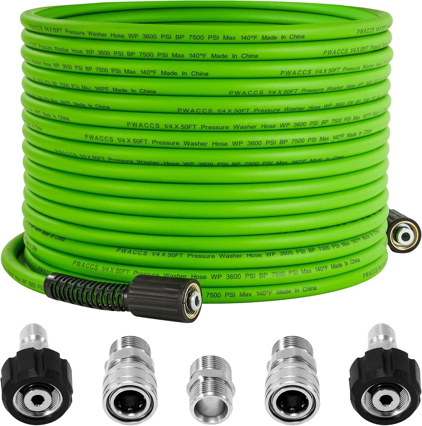 PWACCS Pressure Washer Hose - 50 FT Kink Resistant High-Pressure Extension | Compatible with M22 Fittings, 3600 PSI, Green