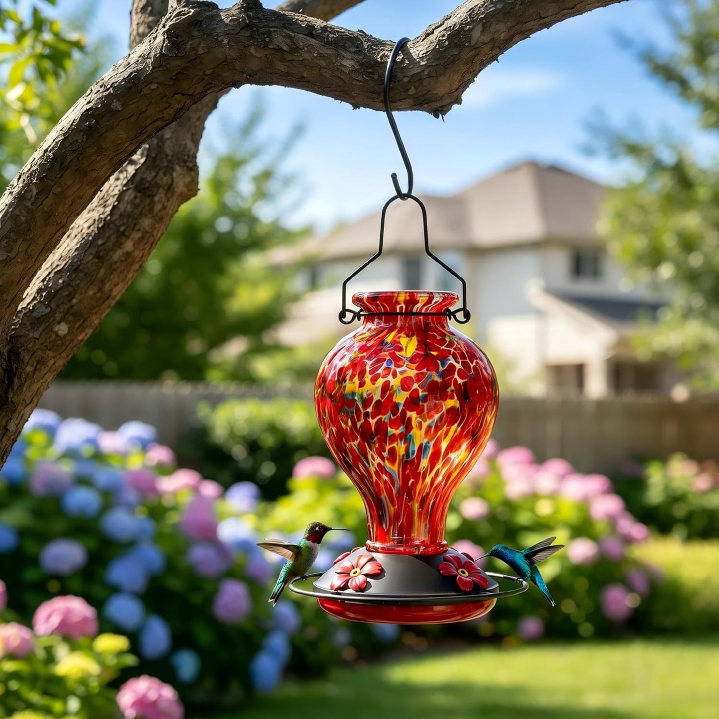 Skiennix Hand Blown Glass Hummingbird Feeder - 24oz Outdoor Nectar Feeder with Ant Moat & Bee-Resistant Ports | Red Polka Dots Garden Decor Gift for Moms