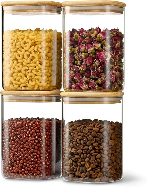 D2scrma Airtight Glass Storage Canisters - Set of 4 Square Jars with Bamboo Lids | 37oz for Pantry Organization