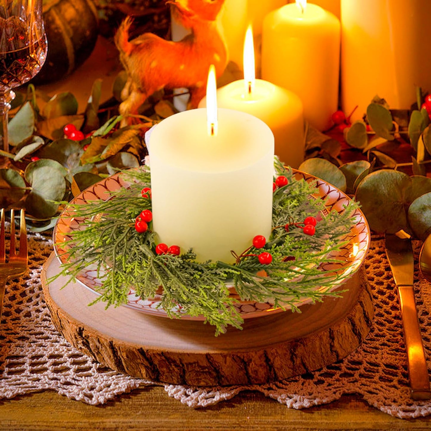 Skiennix Christmas Candle Rings - 4 PCS Artificial Berries & Pine Needles Wreaths for Home Decor