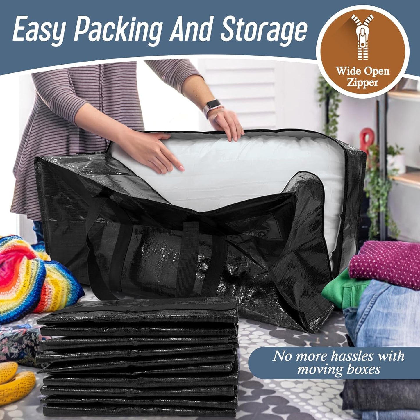 Skiennix 6 Pack Extra Heavy Duty Moving Bags - Durable Storage Totes with Strong Zipper & Comfortable Handles | Black