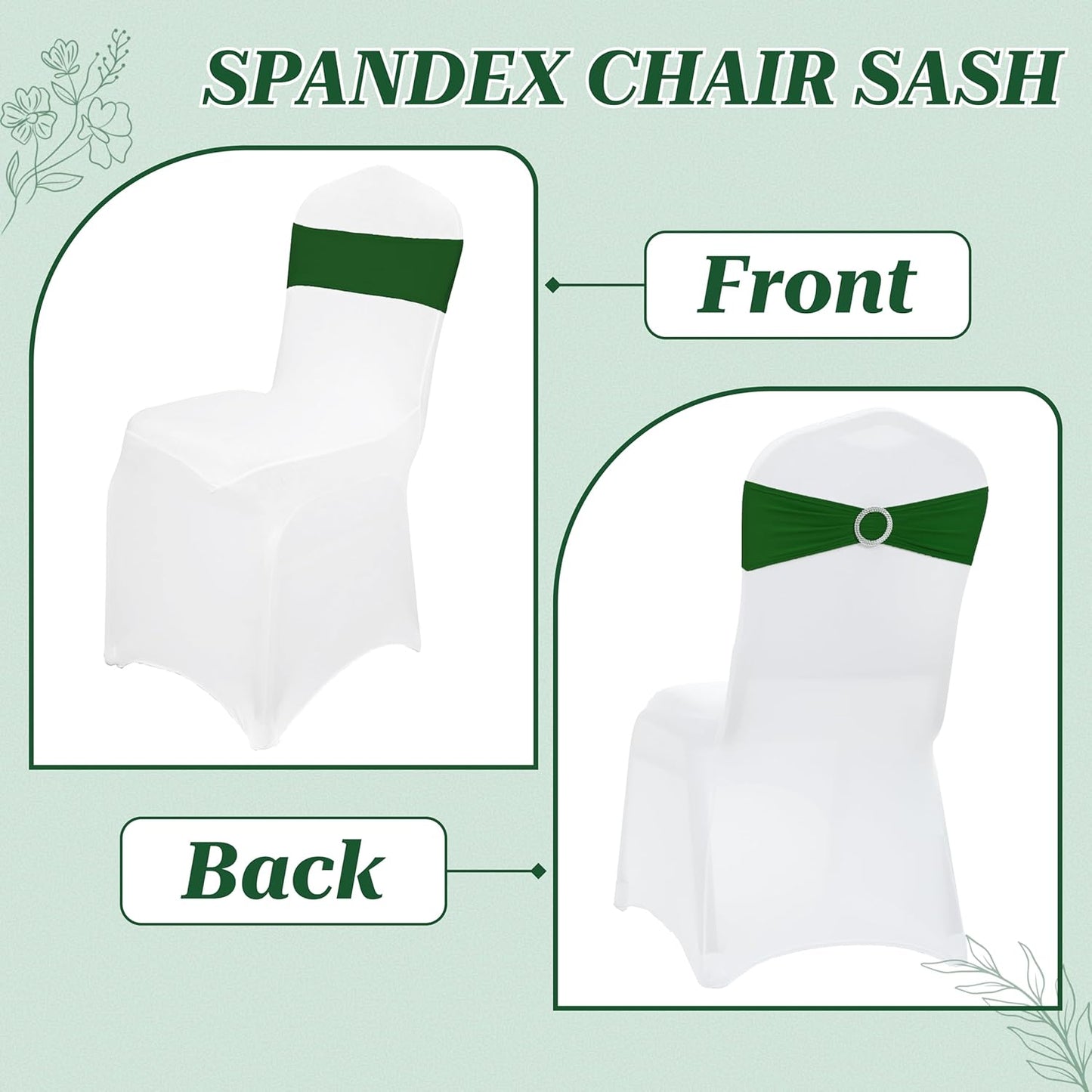 MDS Premium Spandex Chair Sashes - Stretchy Bow Covers with Buckle Slider | Universal Fit for Weddings & Events - Green (Pack of 100)
