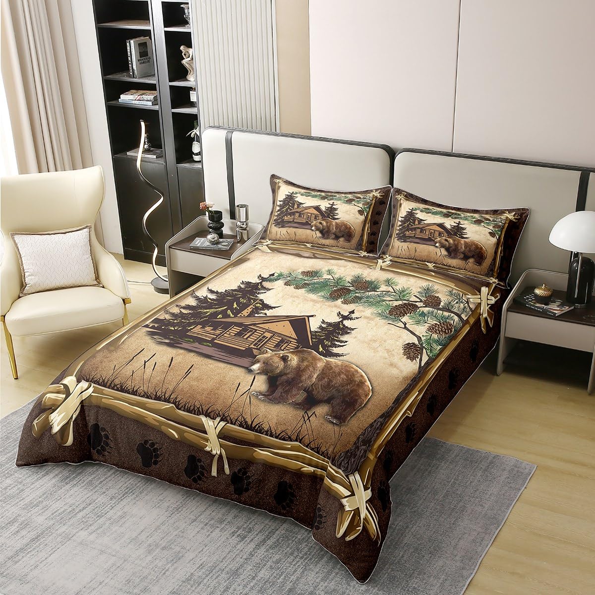 100% Cotton Jungle Wooden Cabin Duvet Cover,Outdoor Adventure Wild Bear Pine Tree Bedding Set for Room Decor,Retro Wood Frame Bear Wildlife Paw Print All Season Comforter Cover (No Comforter) Queen