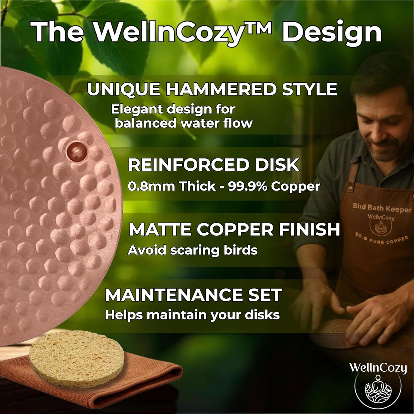 Skiennix Bird Bath Copper Disk Set - 99.9% Pure Hammered Copper Plate, Rustic Design for Easy Maintenance