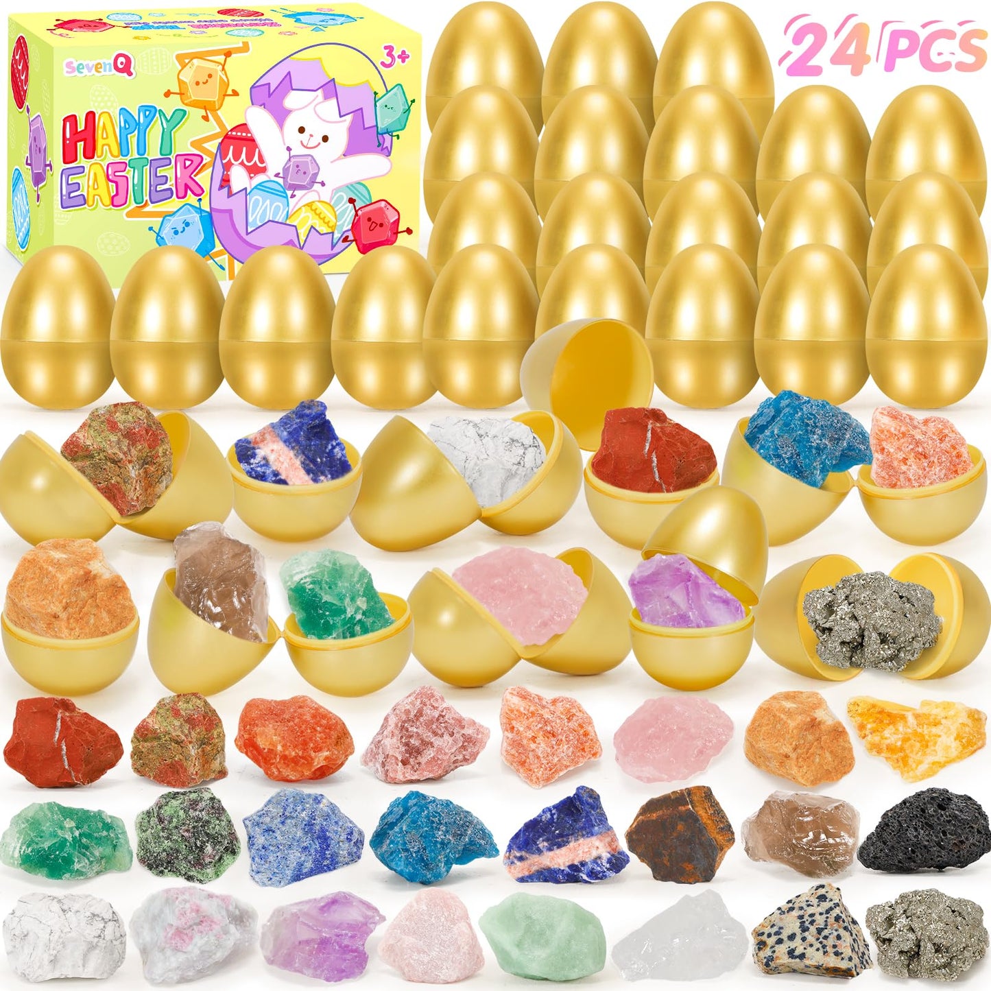 SevenQ Easter Basket Stuffers Easter Egg Fillers with Crystal Gems Rocks Raw Stone 24Pcs, Gemstones Rock Collections for Kids Easter Decorations Goodie Gifts Bags Hunt Supplies Party Favors Essentials