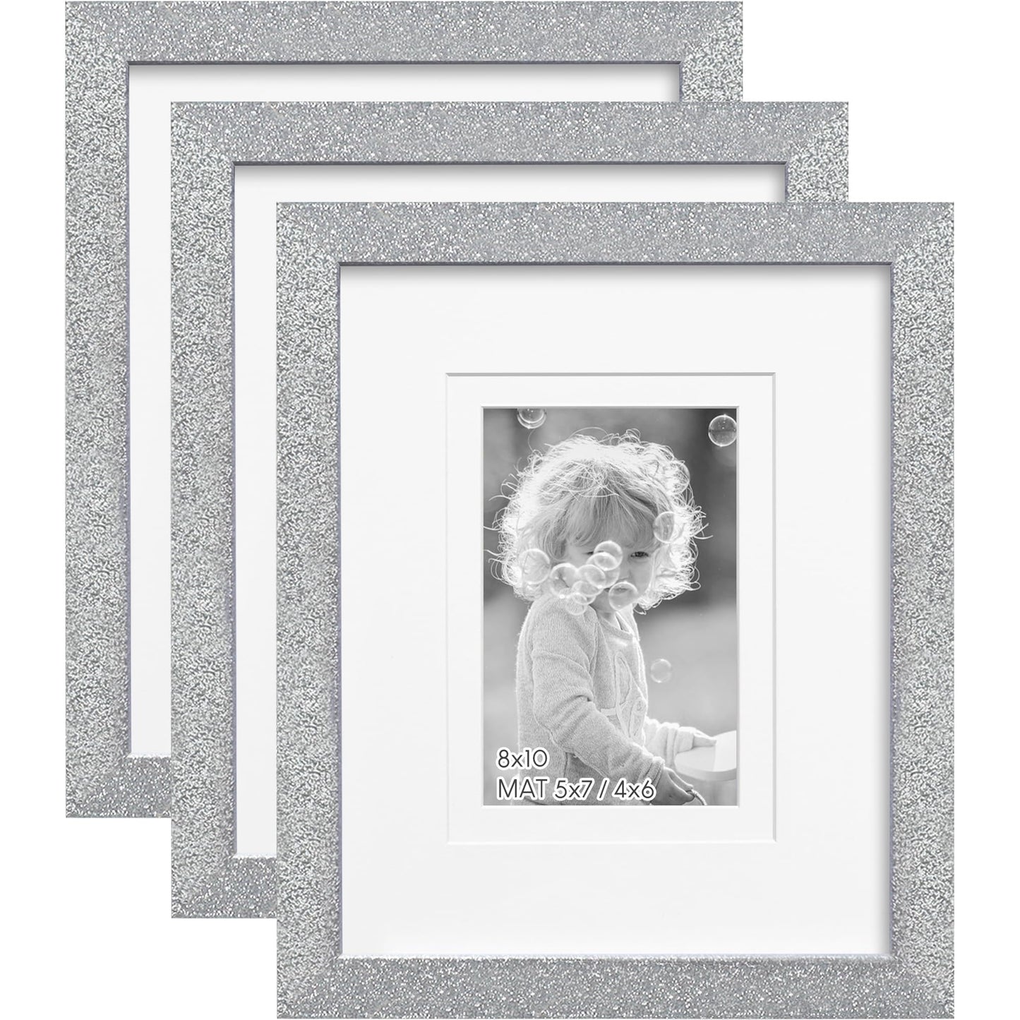 NWDCLF 8x10 Glitter Picture Frame Set of 3, Stylish Sparkling Photo Frames with 5x7/4x6 Mat, Solid Wood and Real Glass for Tabletop or Wall Mount, Cute Home Office Decor, Silver