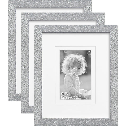 NWDCLF 8x10 Glitter Picture Frame Set of 3, Stylish Sparkling Photo Frames with 5x7/4x6 Mat, Solid Wood and Real Glass for Tabletop or Wall Mount, Cute Home Office Decor, Silver