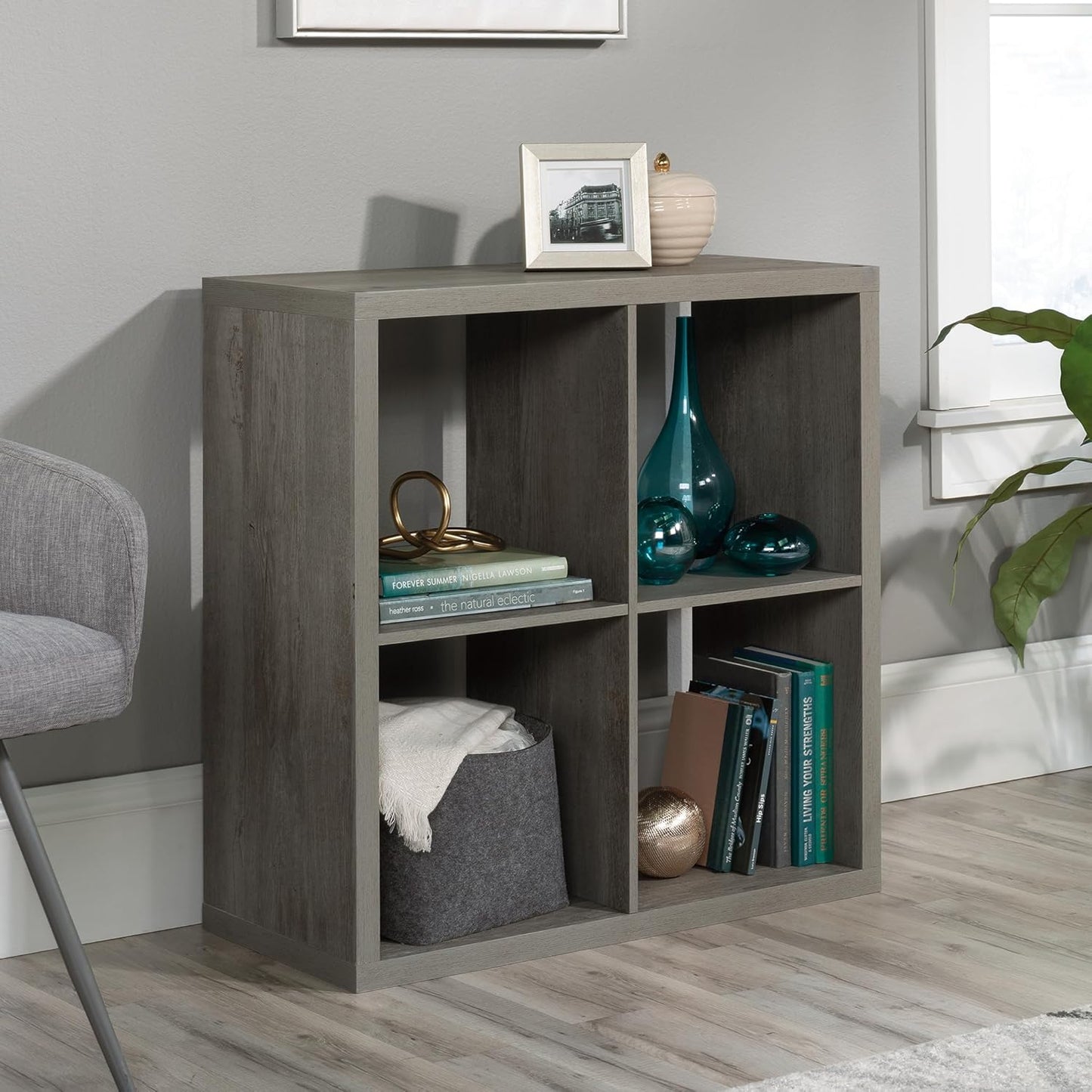 Sauder 4-Cube Organizer Bookcase - Versatile Storage Solution in Mystic Oak Finish
