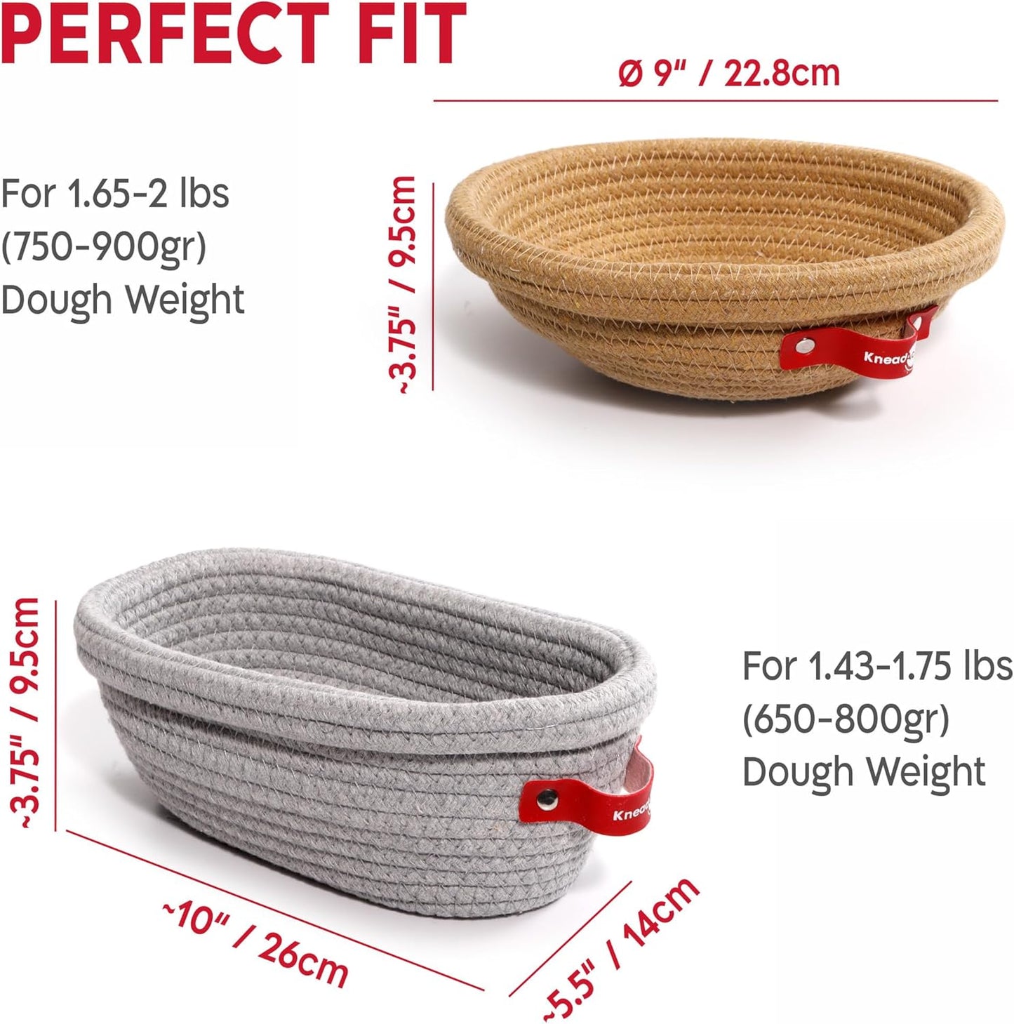 KneadAce Bread Proofing Basket Set - Oval & Round Cotton Rope Baskets with Liners for Artisan Baking