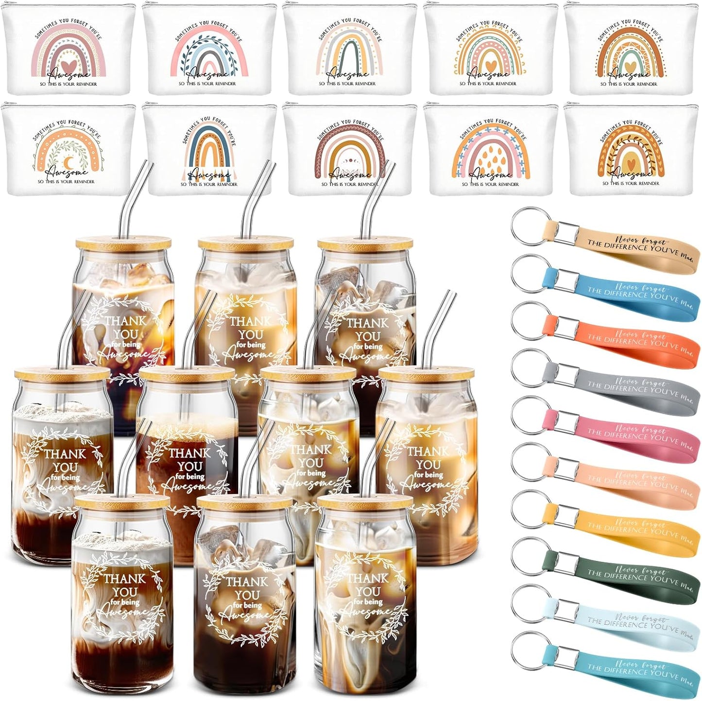 Layhit 10 Sets Employee Appreciation Gifts Thank You Tumbler for Coworker Office Staff Christmas Glass Cups with Lid and Straw Makeup Bag Keychain Team Gift for Women Men(Thank You for Being Awesome)