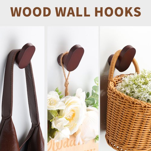 DELITON Wooden Wall Hooks Hanging Heavy Duty -4 Pack Rustic Coat Hooks, Decorative Natural Wood Hooks for Keys, Purse, Hat, Entryway Hooks Wall Mounted