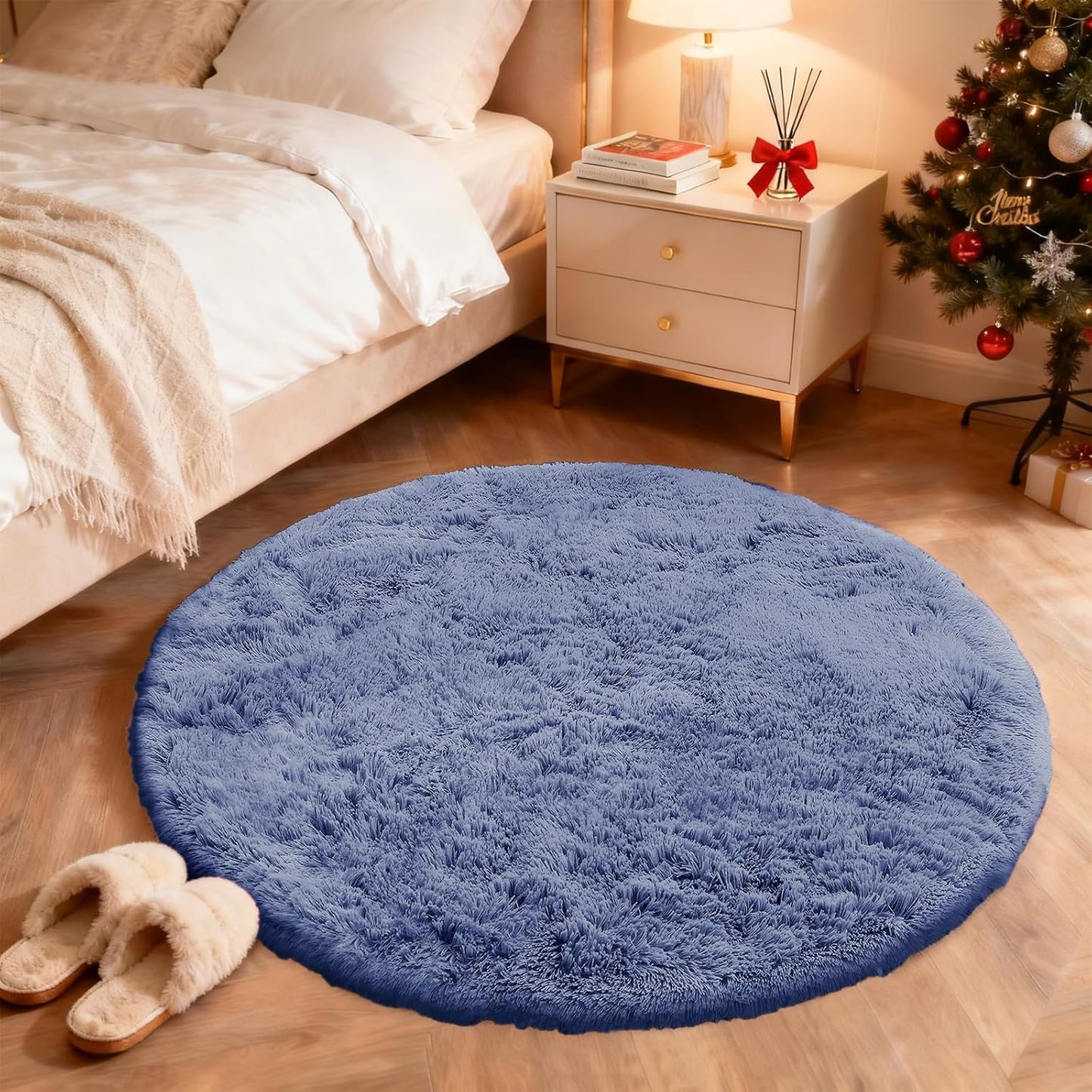 OLANLY Denim Blue Round Rug - Soft, Fluffy Shaggy Carpet | 4 ft Machine Washable Area Rug for Bedroom & Living Room