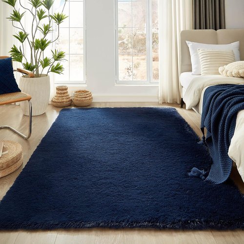 Floralux Area Rug - Dark Blue Fluffy Shag Carpet for Bedroom & Living Room | 4x6 Size