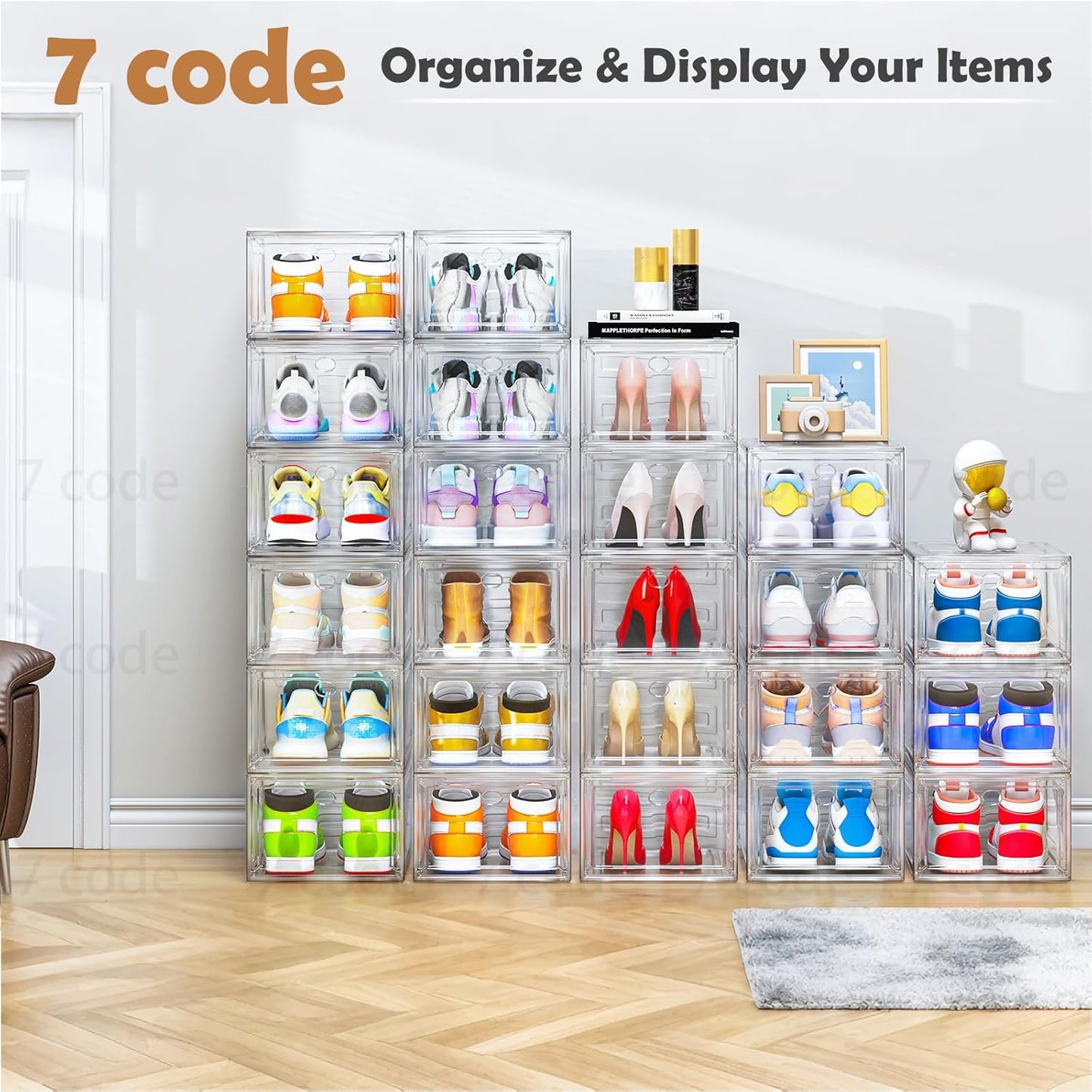 Skiennix Clear Shoe Storage Organizer - Sturdy Stackable Boxes with Magnetic Door | 6-Pack White