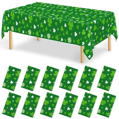12 PCS St Patricks Day Tablecloth, Disposable 108" X 54" Shamrock Green Plastic Tablecloths, Lucky Shamrock Decor St Patricks Day Decorations for Table, Rectangle Irish Table Cover for Green Party