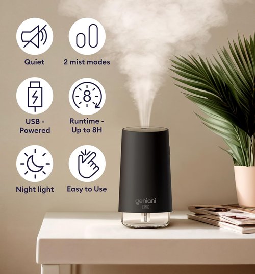 Geniani Portable Cool Mist Humidifier - USB Powered Desktop Unit with Auto Shut Off & Night Light - Black, 0.25L