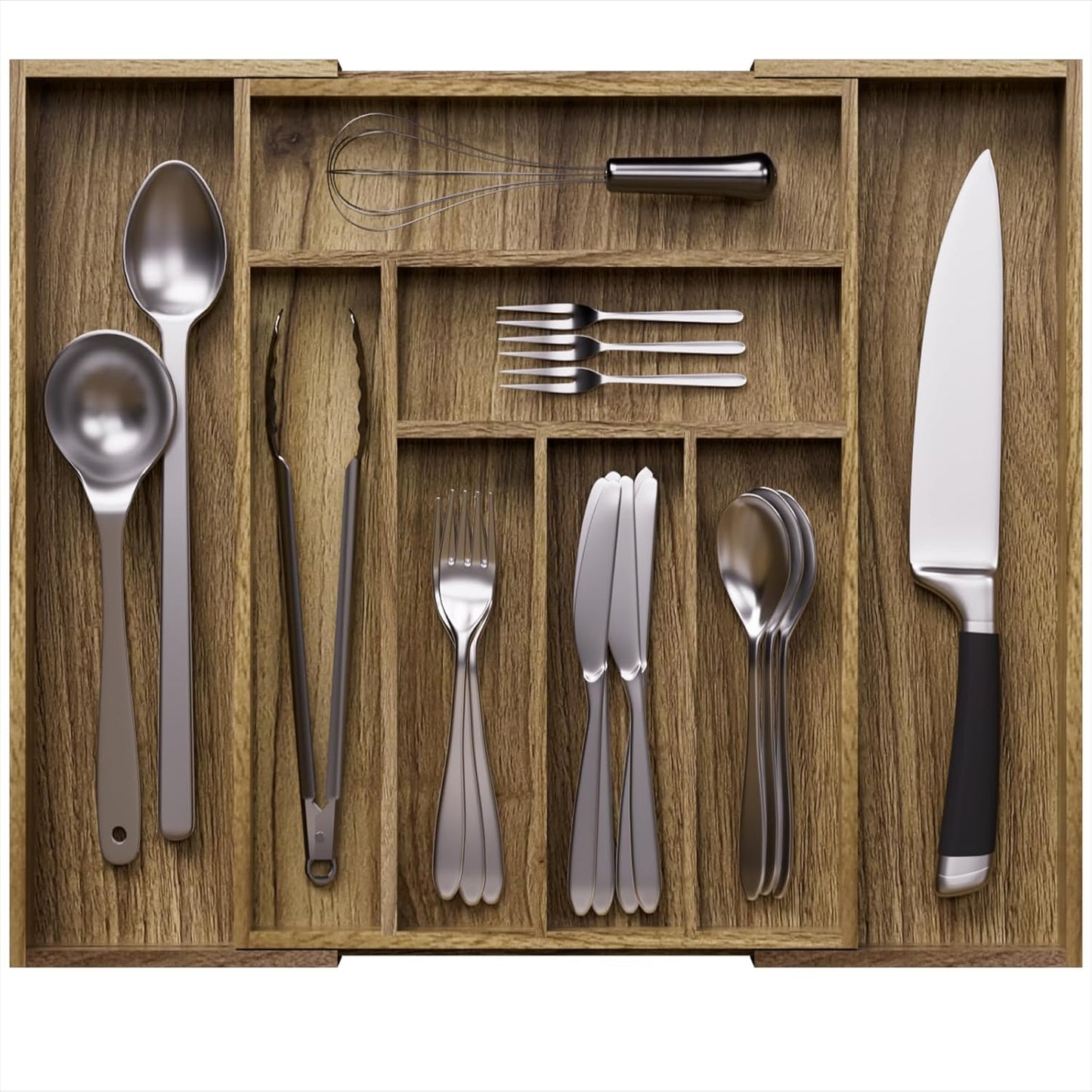 Kiasthome Acacia Wood Silverware Drawer Organizer - Expandable Utensil Tray with Dividers | 13''-21''x16.9'' (6-8 Slots)
