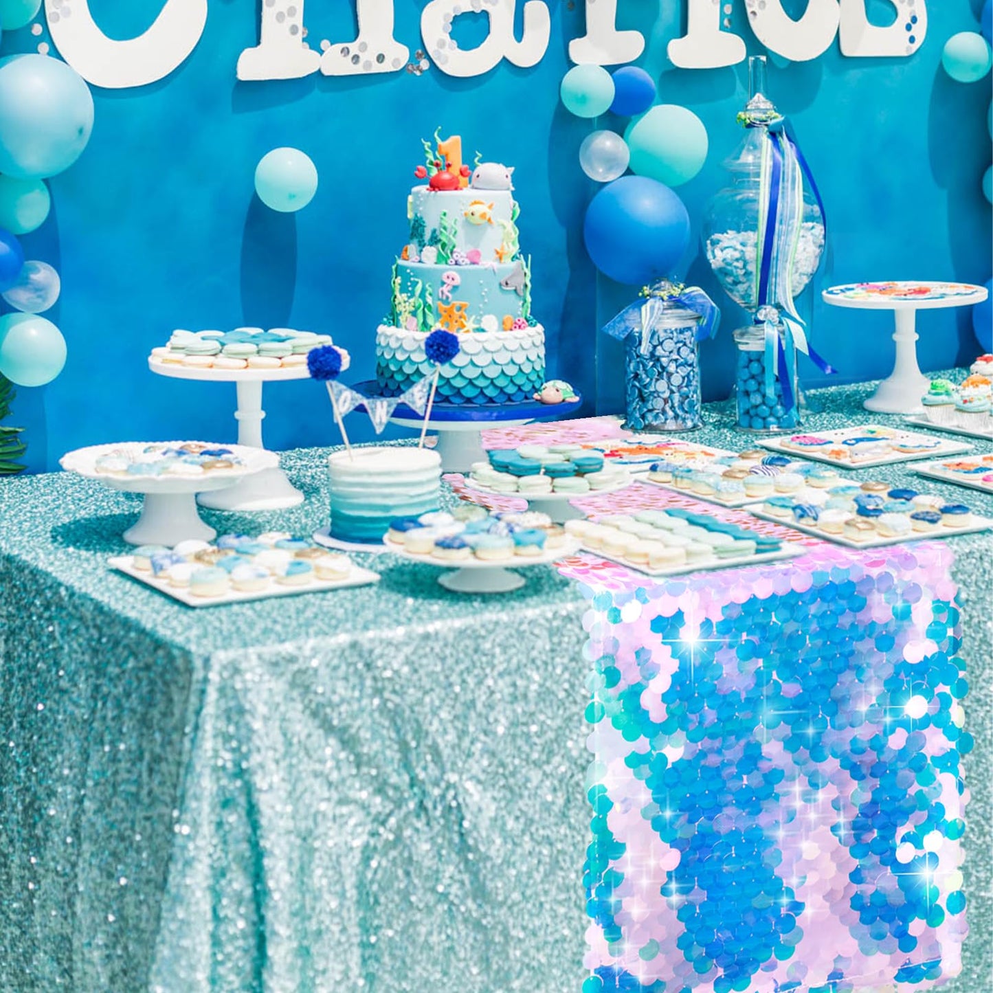 Yblut 1 Pack Mermaid Party Table Runner 12 x 84 Inches Mermaid Tail Scales Sequin Table Runner Glitter Holographic Table Cover for Birthday Party Ocean Decorations