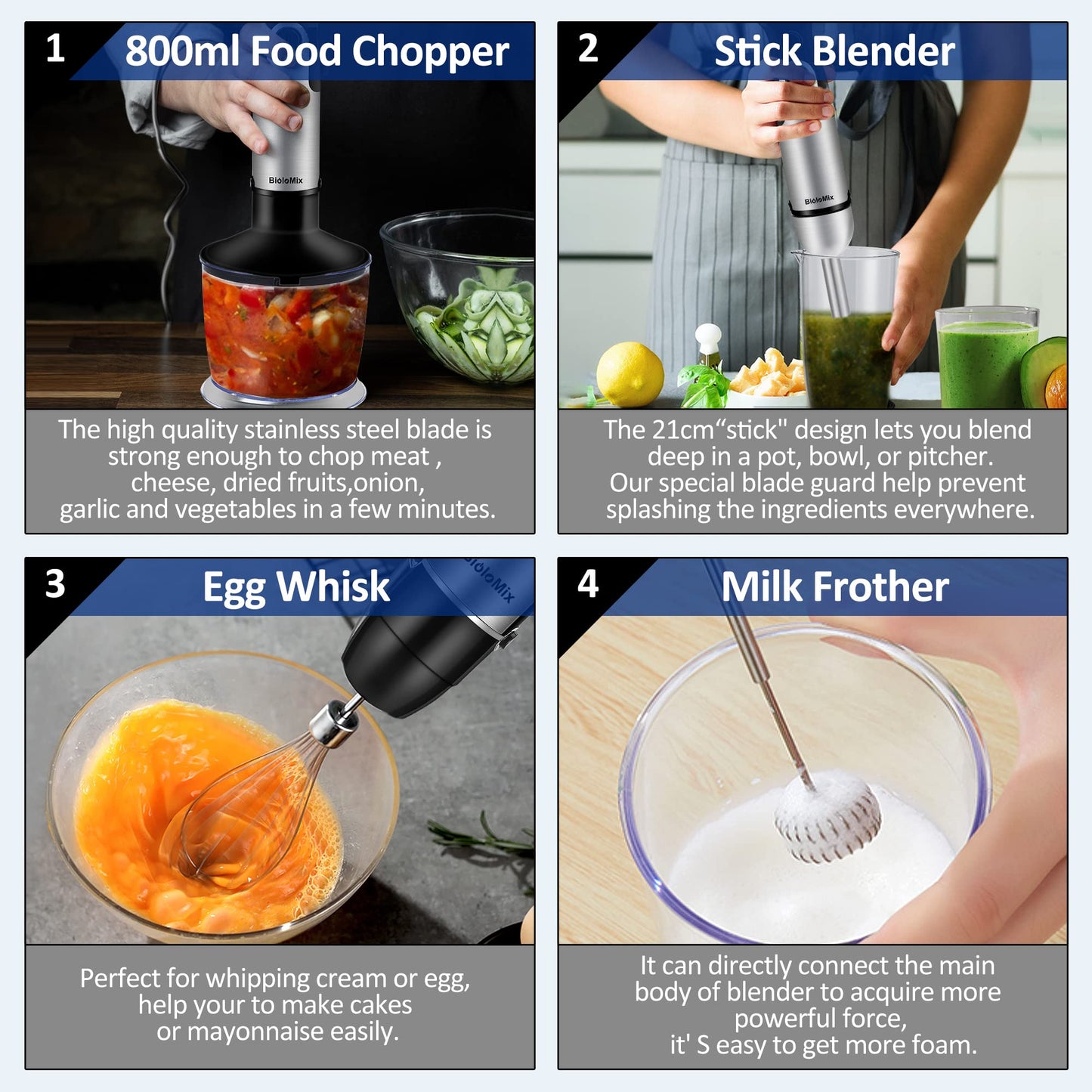 BioloMix Hand Blender 5 in 1 Immersion Blender 1000W, 6 Speed With Turbo Mode hand blenders immersion Stainless Steel Blade With 800ml Chopper, 600ml Mixing Beaker, Whisk and Milk Frother