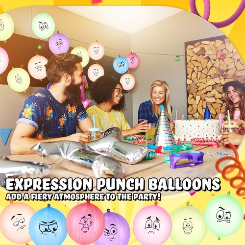 Hollowfly 100 Pack Expression Heavy Duty Punch Balloons Bulk Bounce Balloons with Rubber Band Handle for Carnival Funny Party Favor Activities Decoration Birthday Rewards Bags Filler