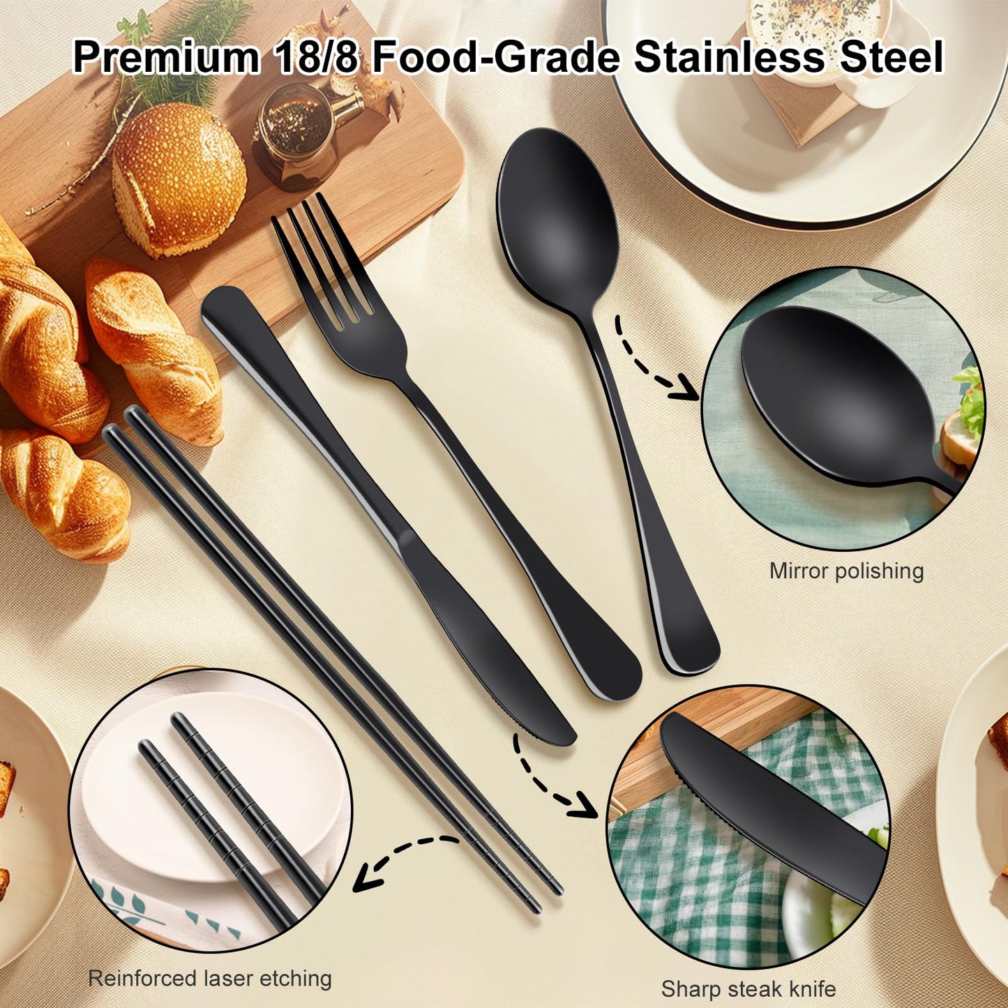 Reusable Travel Utensils Set with Case, Premium Stainless Steel Flatware, Portable Silverware for Lunch, Camping, Picnic, Travel Fork and Spoon Set, To Go Utensils, Dishwasher Safe