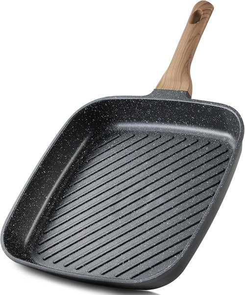 CAROTE 11 Inch Nonstick Grill Pan - Premium Granite Coating, Square Skillet for Indoor/Outdoor Use, PFOA Free, Black