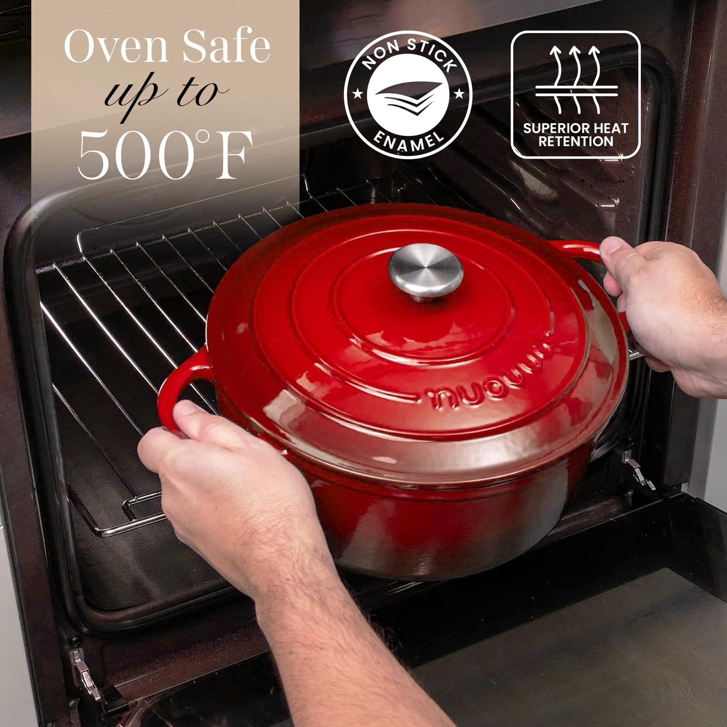 Cast Iron Pot with Lid – Non-Stick Ovenproof Enamelled Casserole Pot, Oven Safe up to 500° F – Sturdy Dutch Oven Cookware – Red, 5-Quart, 24cm – by Nuovva