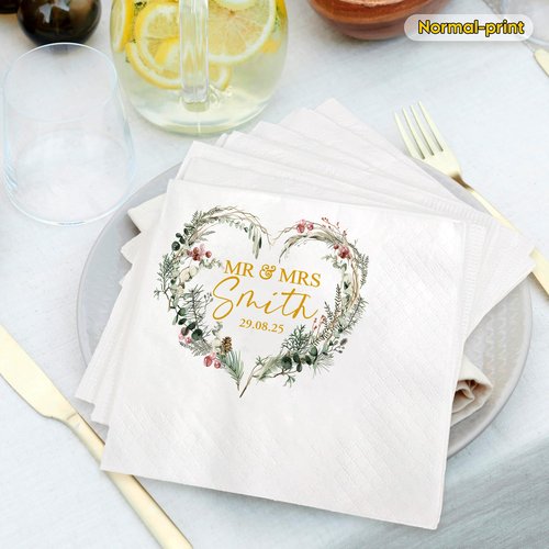 GODMERCH Personalized Wedding Cocktail Napkins - Custom Heart Floral Dinner Napkins for Bridal Shower, Mr Mrs Napkin, Customized Printed Cocktail Napkin for Engagement Table Décor Party Elegant